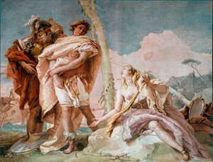 Renaud verlässt Armide. Illustration einer Szene aus Torquato Tassos „Das befreite Jerusalem“ (La gerusalemme liberata). Fresko von Giandomenico Tiepolo (1727-1804) 1757
