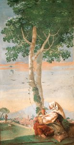 Die alte Bäuerin sitzt unter einem Baum mit einem Korb Eier, aus dem Raum der ländlichen Szenen, 1757 von Giovanni Domenico Tiepolo