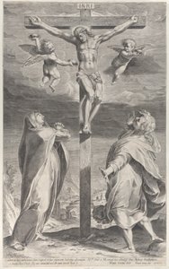 Kreuzigung mit der Jungfrau Maria und dem Heiligen Johannes dem Evangelisten, Engel darüber, ca. 1593 von Gijsbert Van Veen