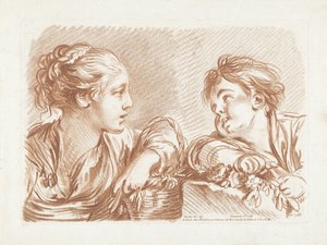 Junge Frau mit Blumenkorb und Junge von Gilles Demarteau