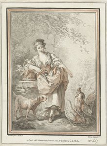 Junge Frau mit Hund und Hahn und Henne von Gilles Demarteau