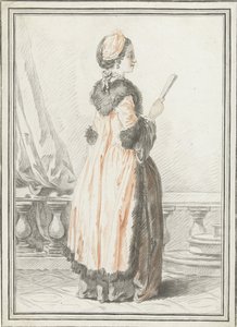 Stehende Frau mit Fächer in der Hand
