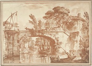 Südliche Landschaft mit Brücke und Häusern am Fluss von Gilles Demarteau