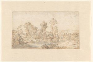 Hügelige Landschaft mit hohen Bäumen entlang eines Flusses von Gillis Claesz de Hondecoeter