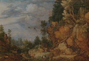 Felsige Landschaft mit Hirschen und Ziegen von Gillis Claesz de Hondecoeter