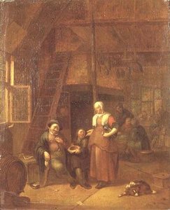 Das Innere eines Gasthauses mit einem Mann, der einer Bedienung bezahlt von Gillis de Winter