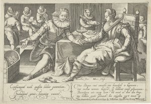 Verschwendung in der Ehe (Elegantes Paar an einem Tisch in einem Raum)