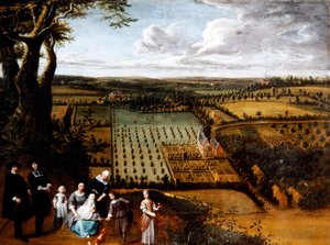 Porträt einer Patrizierfamilie mit Aussicht auf ihr Herrenhaus von Gillis van and Hondt Lambert de Tilborgh