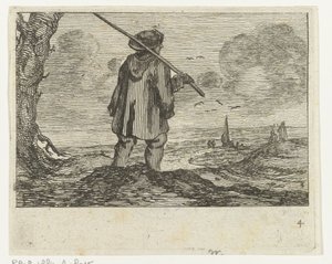 Dünenlandschaft mit einem Mann, mit Stab auf der Schulter