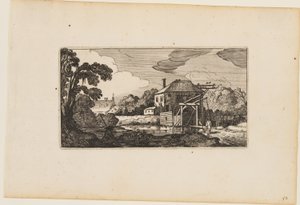 Teich vor Holzbrücke und einem Haus, aus Zwölf Landschaften mit Figuren