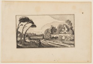 Straße links von einem wasserumgebenen und ummauerten Landhaus, aus Zwölf Landschaften mit Figuren