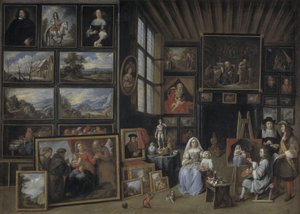 Eine Gemäldegalerie mit einem Künstler, der eine Frau und ein Mädchen malt. Allegorie der Malerei