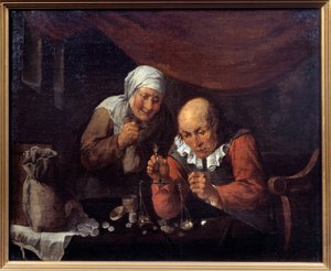Das gierige Paar alter Männer, das seine Besitztümer wiegt. Gemälde von Gillis Van Tilborgh von Gillis van Tilborgh