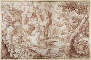 Fantastische Berglandschaft mit Brücken, die Schluchten überspannen, eine Stadt und Reisende