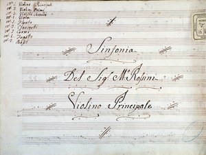 Detail der ersten Seite der Violinenpartitur für eine Symphonie von Gioacchino Rossini von Gioachino Rossini