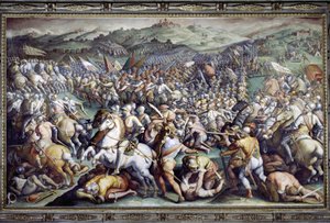 Schlacht von Scannagallo in Valdichiana (Val di Chiana). Fresko von Giorgio Vasari und seinem Atelier (1511-1574). Palazzo Vecchio (Salone dei Cinquecento)