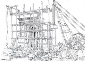 Antikes Rom: Rekonstruktion einer Baustelle eines Bogens im 1. Jahrhundert n. Chr. Die Arbeiter heben die Marmorblöcke mit Gerüsten und Flaschenzügen. Illustration von Giorgio Albertini