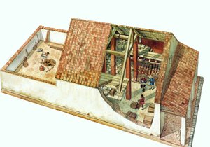 Byzantinische Architektur: Rekonstruktion eines Lagerhauses im Classe-Docks-Bereich, Hafen der Stadt Ravenna (Ravenna) zur Zeit des Kaisers Justinian. Italien 7. Jahrhundert. Der Querschnitt des Gebäudes zeigt die gelagerten Waren. von Giorgio Albertini