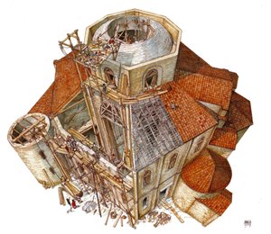 Byzantinische Kunst: Darstellung der Baustelle der Basilika von St. Vital (San Vitale) in Ravenna im 5. Jahrhundert. Luftansicht zeigt die Arbeiter auf dem Gerüst, die am Rahmen der Kuppel arbeiten. Italien Illustration von Giorgio Albertini