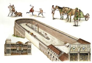 Byzanz: Rekonstruktion des Hippodroms von Konstantinopel, einer Arena ähnlich dem römischen Zirkus für Wagenrennen, erbaut von Konstantin I. im 4. Jahrhundert. In der Mitte der Rennbahn dienen Obelisken und Säulen als Verzierung. Aktuelles Istanbul, Türkei