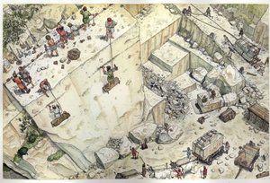 Luftansicht der Arbeiter in den Marmorbrüchen von Carrara im 15. Jahrhundert. Italien Illustration von Giorgio Albertini.
