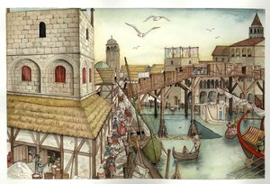 Mittelalter: Blick auf die Rialtobrücke im 11. Jahrhundert und Aktivitäten in Venedig, Italien