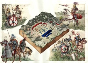 Gotenkrieg (535-553) zwischen Byzantinern und Ostgoten: Die Schlacht von Taginae im Juli 552, die den Byzantinern unter Justinian den Marsch von Ravenna nach Rom ermöglichte