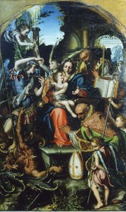 Heilige Familie mit Erzengel Michael und dem Teufel, der um Seelen kämpft, Heiliger Bernhard und von Giorgio Gandini del Grano