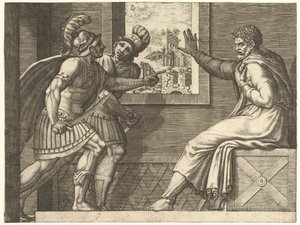 Caius Marius im Gefängnis, zwei kimbrianische Soldaten betreten seine Zelle, 1560-69 von Giorgio Ghisi