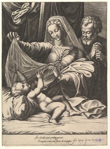 Madonna von Loreto, die Jungfrau hebt einen Schleier über das Kind, das auf einem Bett und Kissen liegt, 1575 von Giorgio Ghisi