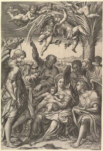 Ruhe auf der Flucht nach Ägypten, die Heilige Familie unter einer Palme, umgeben von Engeln, put..., 1578 von Giorgio Ghisi