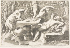 Satyr versucht Silenus mit einer Weinrebe zu wecken von Giorgio Ghisi
