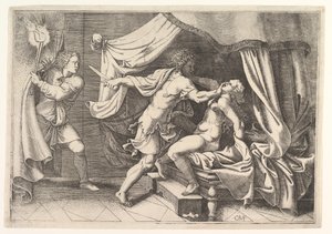 Tarquin greift Lucretia an, ein Diener links beobachtet die Szene, ca. 1540 von Giorgio Ghisi