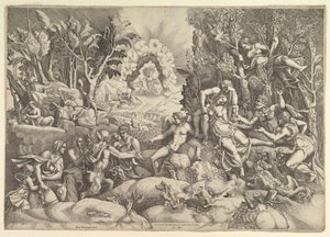 Der Tod von Procris, Cephalus trauert um den Tod von Procris auf der rechten Seite umgeben von..., ca. 1540 von Giorgio Ghisi