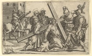Die Jungfrau der Schmerzen: Christus trägt das Kreuz, eines von neun umliegenden Fächern..., vor 1575 von Giorgio Ghisi