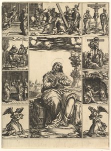 Die Schmerzensmutter, ein Bild der Jungfrau Maria umgeben von neun Vignetten, ca. 1575