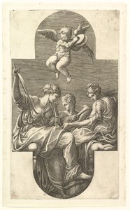 Drei Musen und ein Putto mit Zimbeln, eine kreuzförmige Komposition, aus einer Serie von acht..., 1560er von Giorgio Ghisi