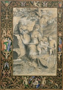 Rand eines illuminierten Manuskripts, das eine Zeichnung nach Raphaels Die Heilige Familie unter der Eiche umgibt (zugeschrieben Clovio) von Giorgio Giulio Clovio