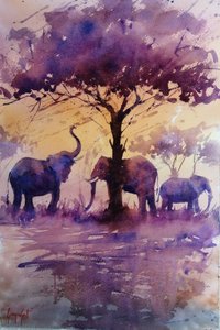 Afrikanische Elefanten im lila Sonnenuntergang