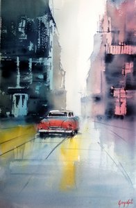 Vintage Auto in regnerischer Stadt