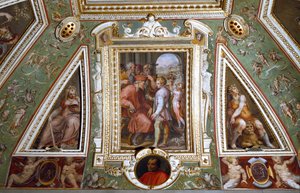 (Detail) des Raumes von Cosimo de Medici, der sich selbst mit Sante Bentivoglio, dem Gouverneur der Stadt Bologna, darstellt (Fresko) von Giorgio Vasari