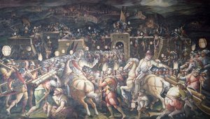 Italien, Florenz, Palazzo Vecchio (Altes Palais), Salone dei Cinquecento, Einnahme eines Forts in der Nähe von Port Camollia in Siena von Giorgio Vasari