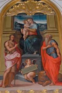 Madonna und Kind zwischen Johannes dem Täufer und Hieronymus, Gemälde von Giorgio Vasari, Kirche im Kloster Camaldoli, Camaldoli, Toskana, Italien