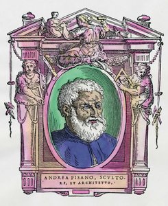 Porträt von Andrea Pisano (1290-1349) italienischer Bildhauer und Architekt. Gravur aus dem Werk "Lebensläufe der ausgezeichnetsten Maler, Bildhauer und Architekten" (Le Vite de