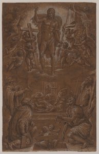 Der auferstandene Christus, von Heiligen und Engeln verehrt
