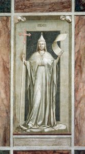 Glaube, weibliche Figur mit Kreuz und Schriftrolle, Symbol der Offenbarten Wahrheit, zerstört ein Idol und steht auf Symbolen der Kabbala, von Giotto, Zyklus der Fresken Die Laster und Tugenden, nach der Restaurierung, Scrovegni-Kapelle, Padua, Venetien, I