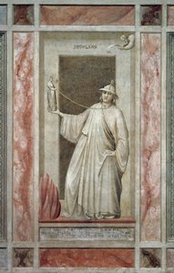 Untreue (auch Götzendienst genannt), männliche Figur, die sich von Gott abwendet und ein Idol hält, das ihn am Hals bindet, von Giotto, Detail aus dem Freskenzyklus Die Laster und Tugenden, nach der Restaurierung, Scrovegni-Kapelle, Padua, Venetien, Italie
