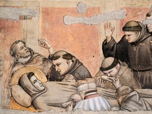 Italien, Florenz, Basilika Santa Croce, Bardi-Kapelle, Tod des Hl. Franziskus von Giotto (1267-1337), Fresko, Detail von Giotto (c.1266 1337)