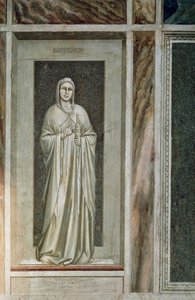 Mäßigung, sanfte Figur mit an die Scheide gebundenem Schwert und Zügel im Mund, symbolisiert die Kontrolle der Worte, von Giotto, Detail aus dem Freskenzyklus Die Laster und Tugenden