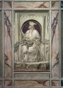 Die Ungerechtigkeit, ein alter Mann hält ein Schwert in den Händen, während vor ihm die Bäume des Bösen wachsen, von Giotto, Detail aus dem Freskenzyklus Die Laster und Tugenden, nach der Restaurierung 2002, Scrovegni-Kapelle, Padua, Venetien, Italien